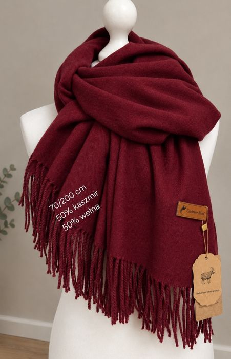 Szal unisex 50 % kaszmir 50% wełna 70x200 cm bordo burgund