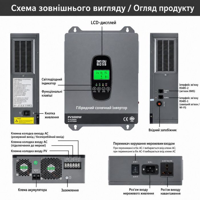 3,3 кВт Комплект резервного живлення Інвертор Datouboss + 2 акумулятора 12V/100Ah для будинку, квартири