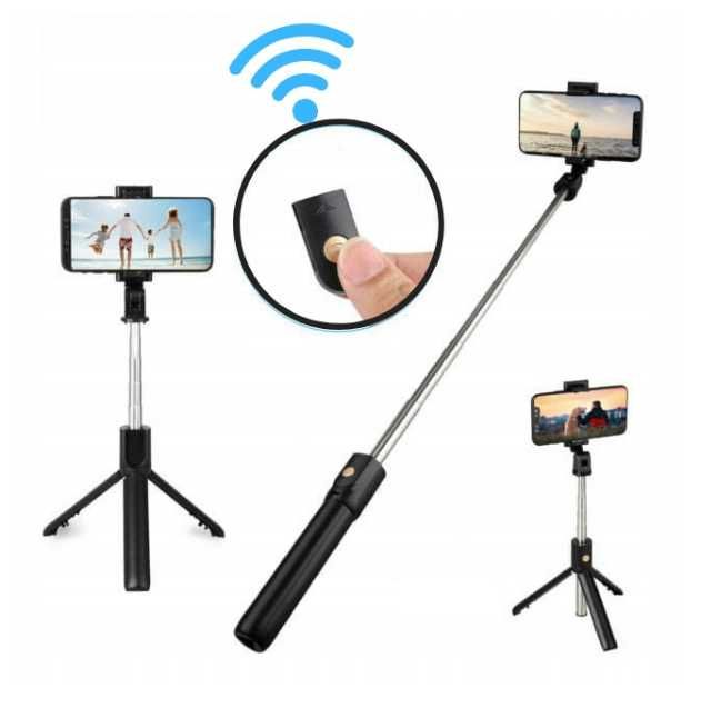 Selfie Stick Statyw 3w1 Metalowy Czarny Pilot Bluetooth turystyczny