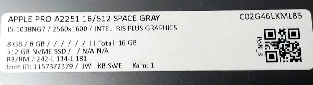 ‼️ macbook pro 13 model a-2251 rok 2020 i5 16gb 512ssd retina ‼️