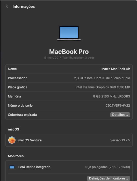 Apple MacBook Pro A1708 Ano de 2017 - Cinza Escuro