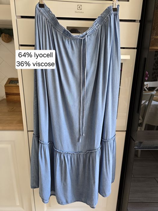 Spódnica maxi letnia jeansowa wiskoza przewiewna z falbaną plus size