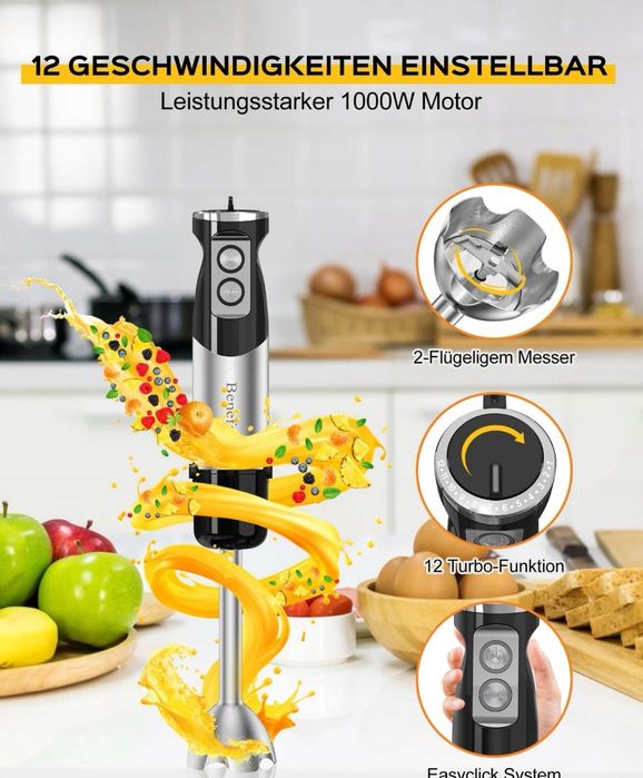 BENEFAST Blender Ręczny 6w1 Stalowy 1000W 12 Prędkości Turbo Do Zup Sa