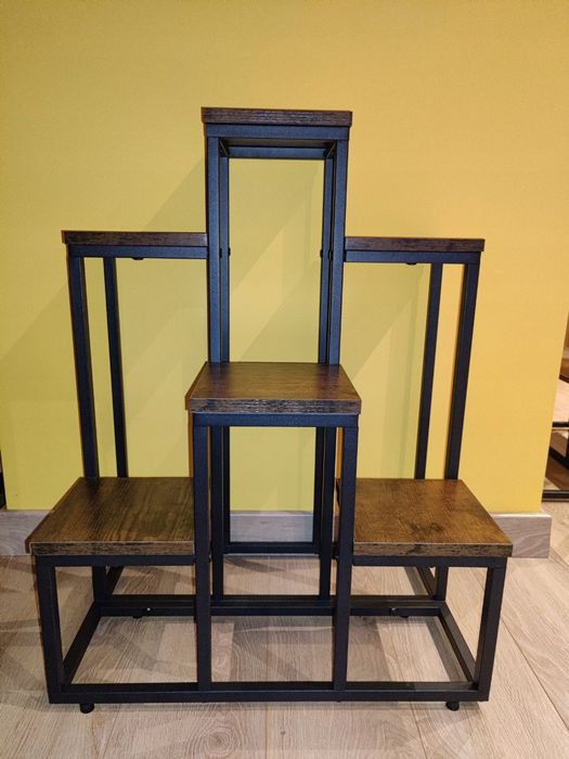 Kwietnik metalowy, 6 półek, czarny + postarzany dąb, styl loft, 67 cm