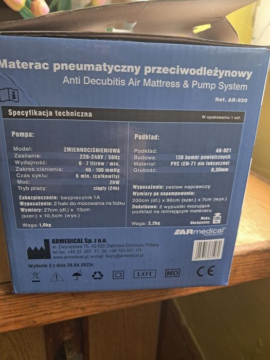 Materac pneumatyczny antyodleżeniowy