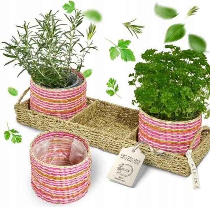 Doniczka na Zioła Kwiaty Trawa Morska zestaw 3 szt + podstawka 51x16x1