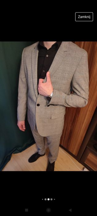 Garnitur męski ślubny szary kratka wesele jak nowy 50 5XL