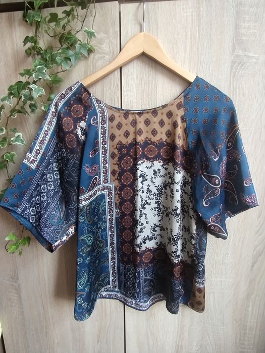 Camaieu wzorzysta bluzka patchwork paisley etno boho satyna S 36