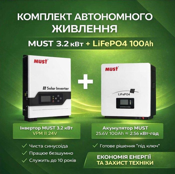 Інвертор MUST 3-3.6 kW–2.5kW + акумулятори LiFePO4 Резервне живлення для дому