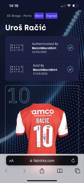 Camisola usada e autografada por Uroš Račić na vitória do SC Braga