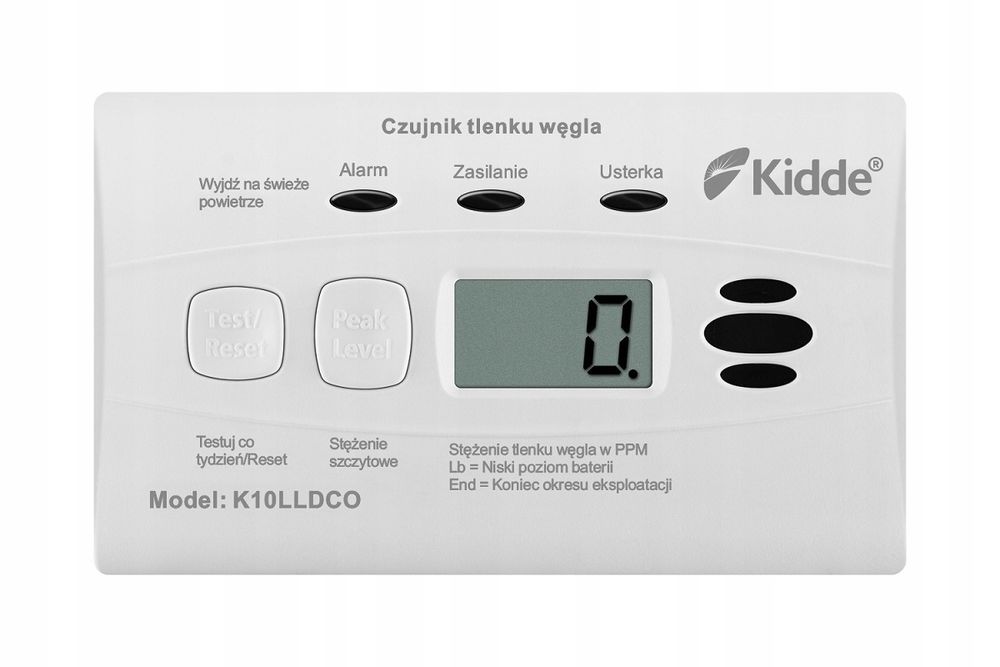Czujnik czadu tlenku węgla Kidde K10LLDCO wyświetlacz BATERIA 10LAT