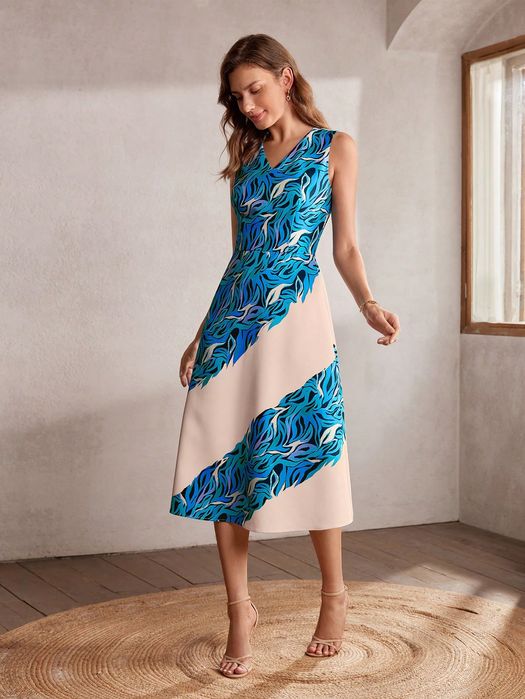 Sukienka Elegancka Wzorzysta Rozkloszowana Midi Motf Premium M 38