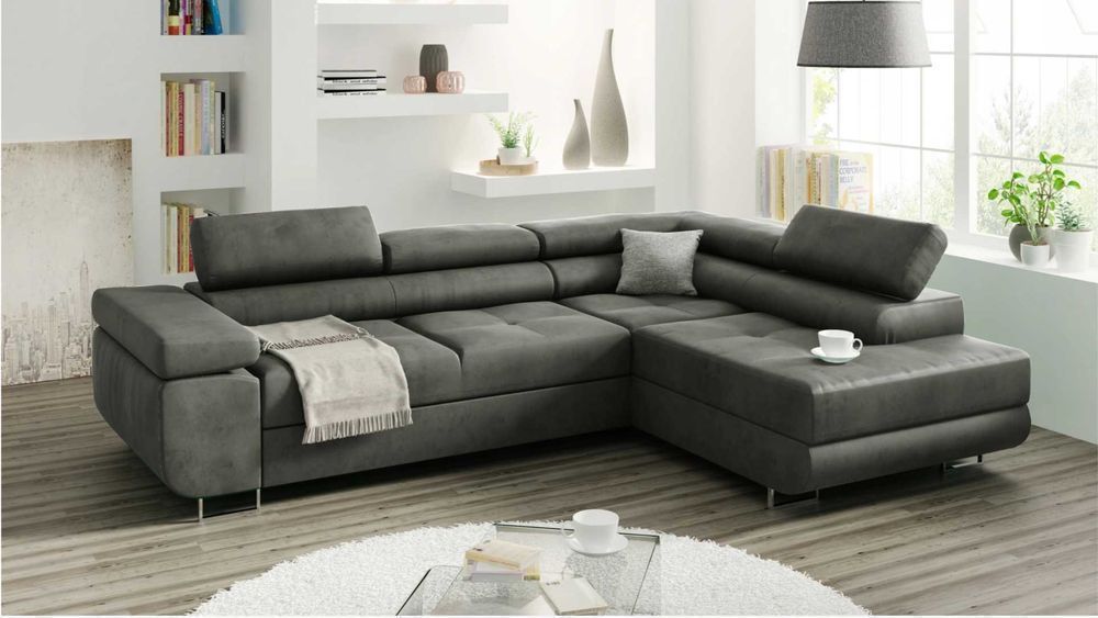 DUŻY Rozkładany Narożnik MALMO L kanapa sofa REGULOWANE ZAGŁÓWKI łóżko