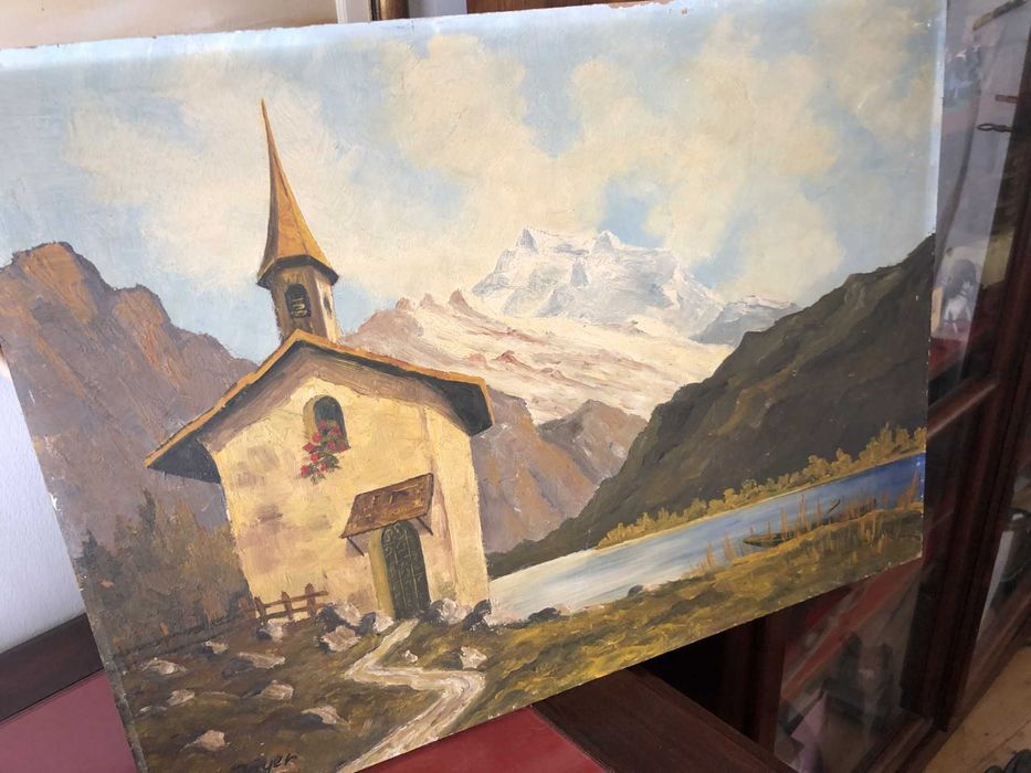 Pintura antiga, paisagem montanhosa,  original,