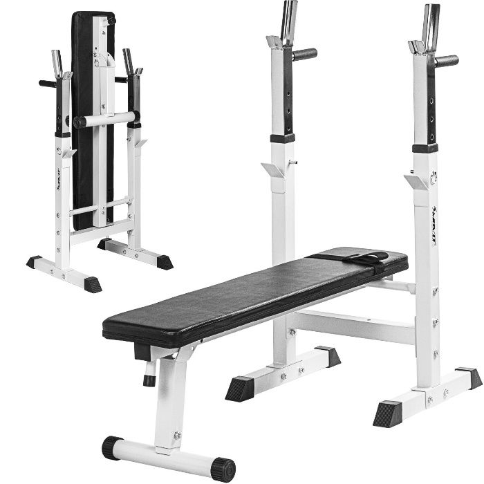 ŁAWKA DO ĆWICZEŃ pod sztangę + stojaki, 3 w 1 - Profesjonalna BIAŁA