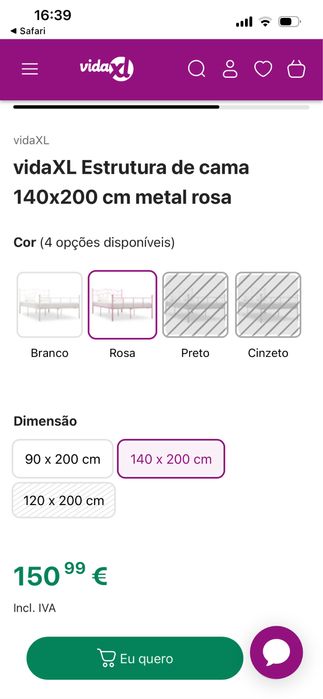 Cama de Metal de Casal Rosa - Vida XL ( como nova )