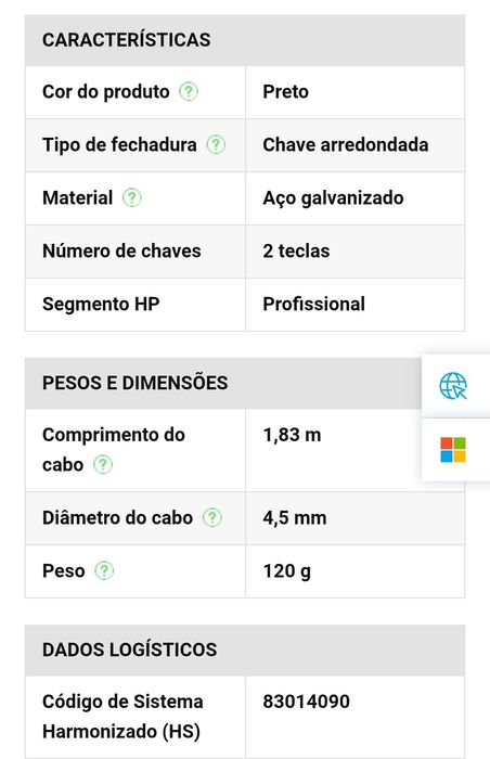 Chave de segurança cadeado HP com 1,83cm cabo