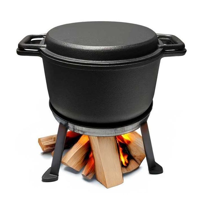Kociołek Żeliwny Myśliwski Z Patelnią Garnek 10l 3w1 Ognisko Grill Kocioł Na Pieczonki Na Gulasz Do Potraw Ciepłych Dań