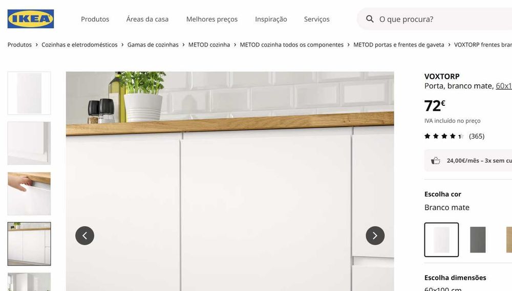 Porta Ikea Voxtorp 60x100cm para armários Metod. Branco mate.