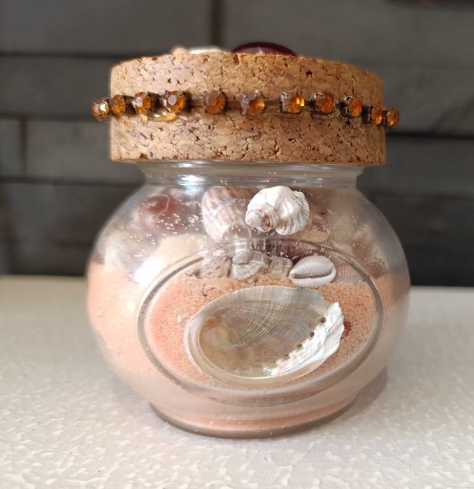 Frasco Sais marinhos e búzios mar, adorno c/ concha cores arco íris