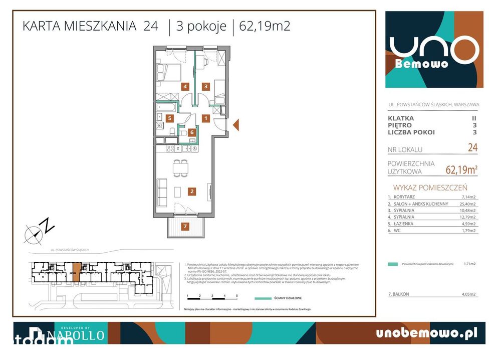 3-pokojowe mieszkanie 62m2 + balkon