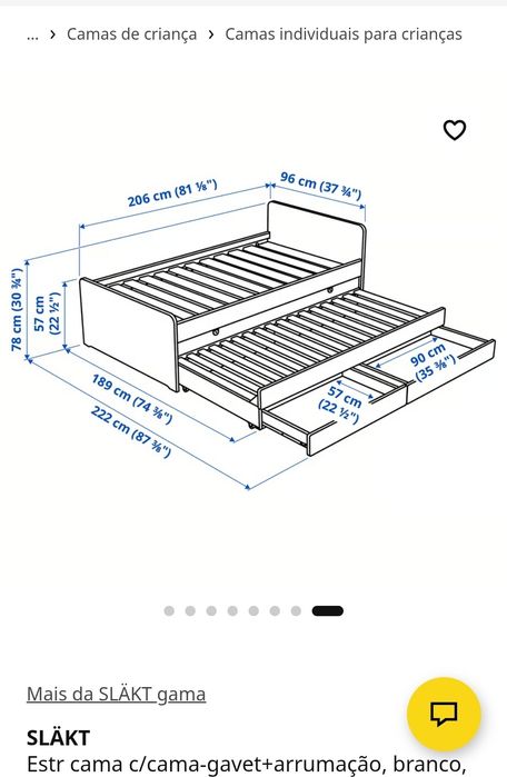 Cama Ikea SLÄKT solteiro dupla c/gavetas
Mais da SLÄKT gama
SLÄKT
Estr cama c/cama-gavet+arrumação, branco, 90x200 cm