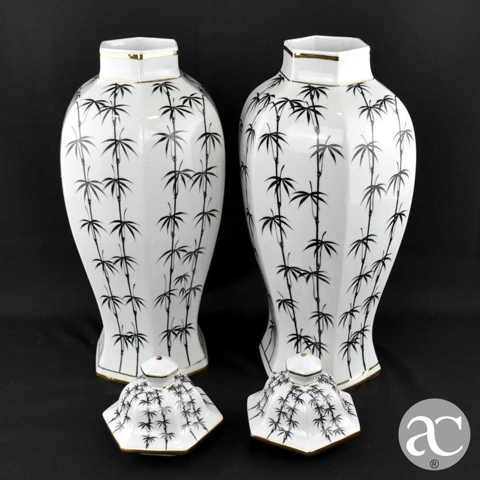 Par de potes hexagonais com tampa porcelana Artibus, decoração bambu