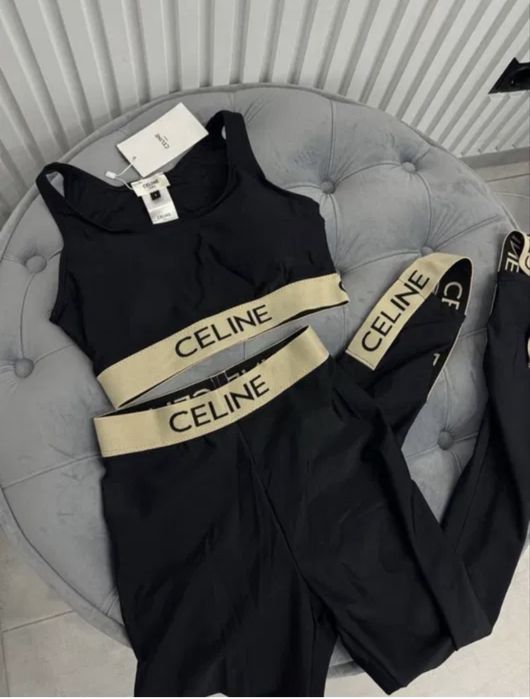 Жіночий модний чорний костюмчик лосіни зі штрипками і топ від celine