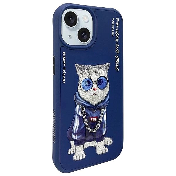 Etui Nimmy Glasses Cool Cat do iPhone 15 - niebieskie
