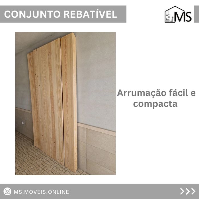 Conjunto mesa e bancos rebatíveis em pinho
