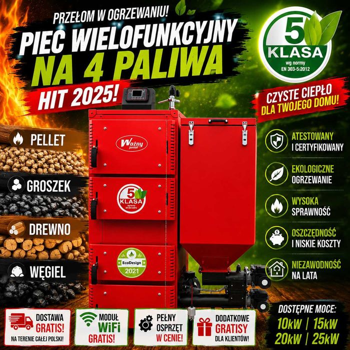 Piec piece 4w1 pellet groszek drewno węgiel 15kw 100-150m2 HIT GRATIS