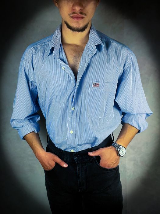 (L) Polo Ralph Lauren Nowa Męska Niebieska Bawełniana Koszula w Paski