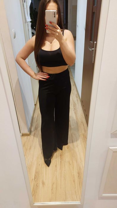 czarne spodnie szeroka nogawka materiał eleganckie klasyczne  s m