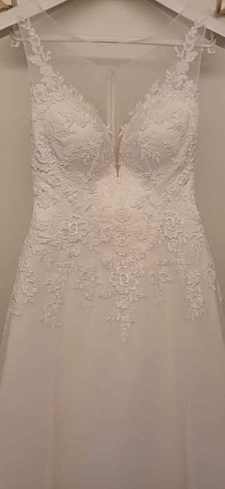 Biała suknia ślubna koronka S/36, dł. 155cm, warstwy 4