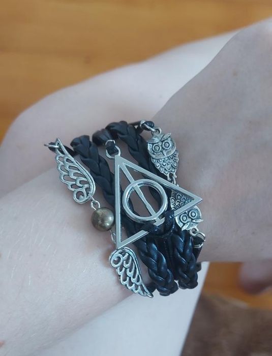 Браслет Гаррі Поттер Дари смерті чорний срібний снітч сова