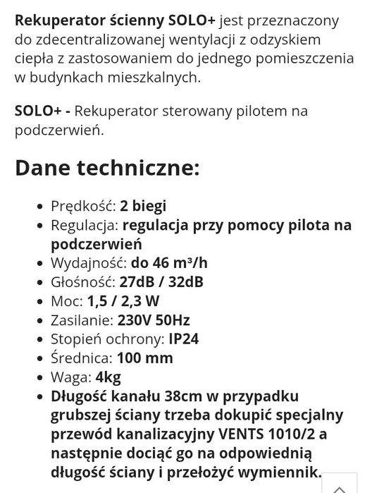 Rekuperator ścienny fi 100