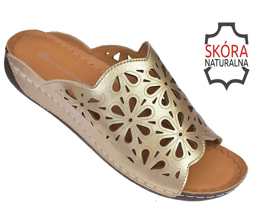 Skórzane klapki damskie złote na platformie JK/KL-3-221 [rozmiar: 37]