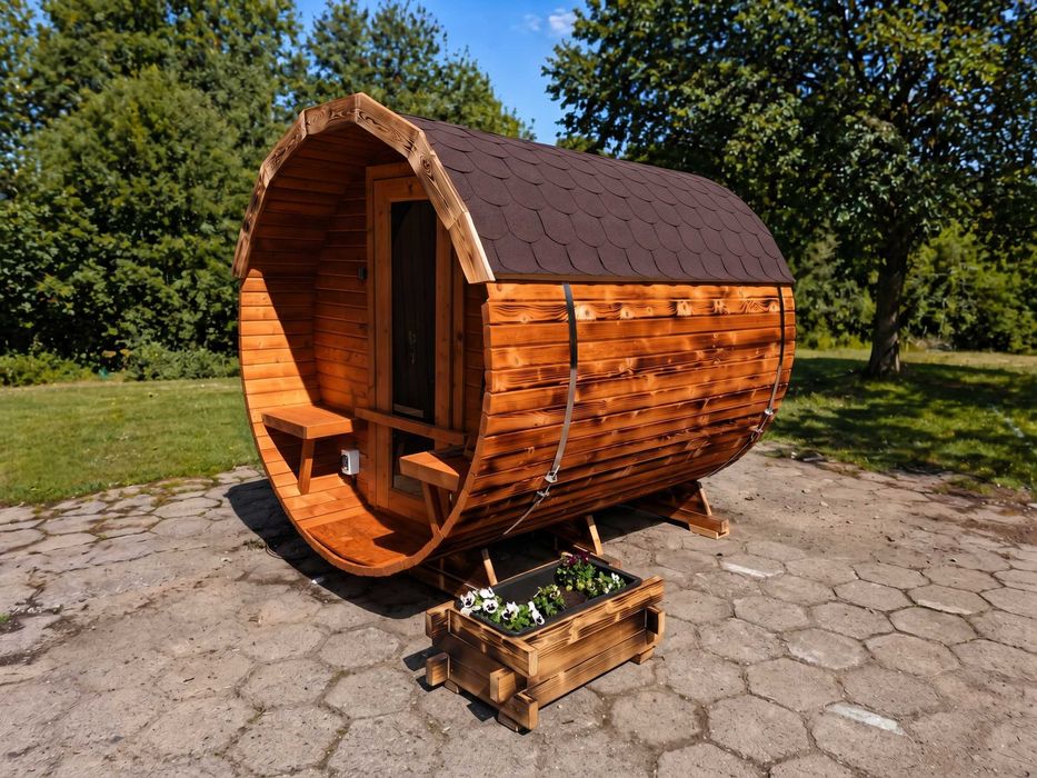 Sauna ogrodowa beczka 4-5 osób | 95 mm | piec 6 kW | transport