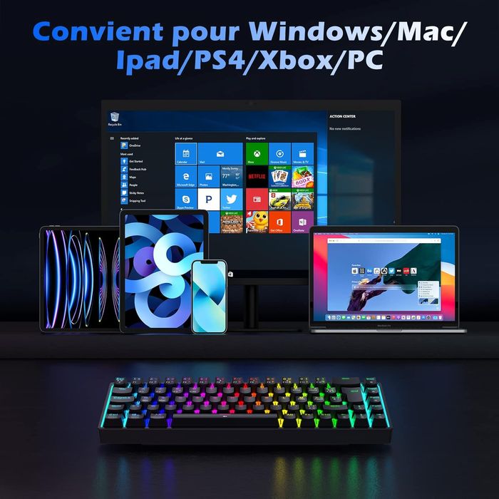 Klawiatura mechaniczna TECURS AZERTY bezprzewodowa RGB TKL