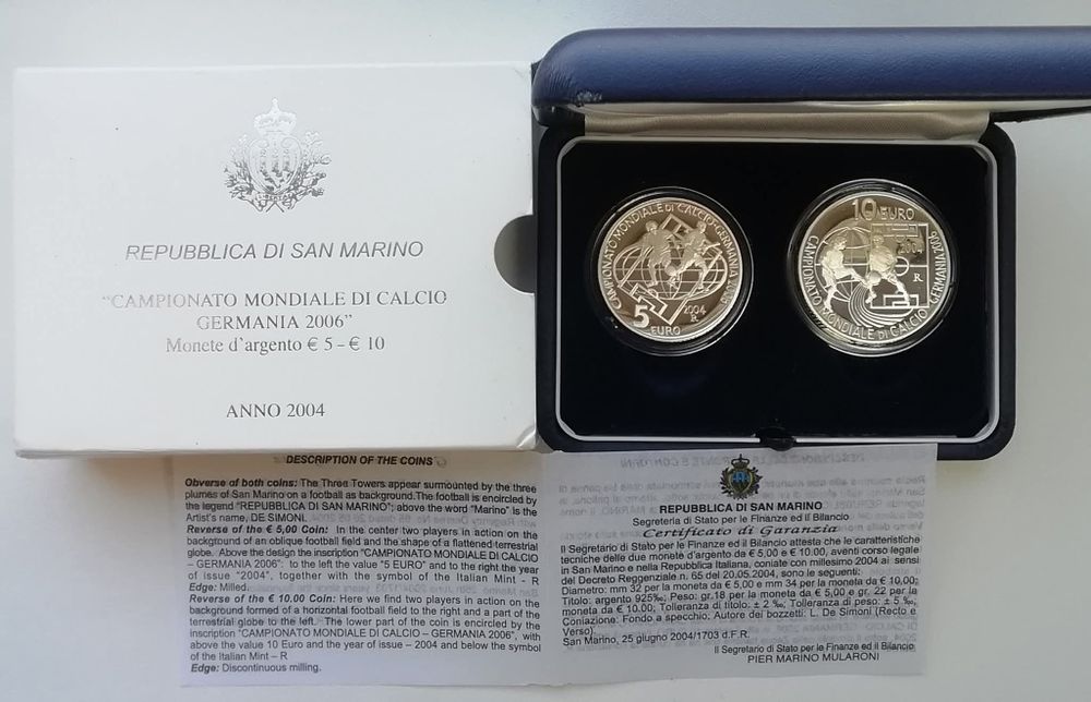 Сан-Марино 5+10 євро 2004р. Чемпіонат світу з футболу. СРІБЛО. ПРУФ.