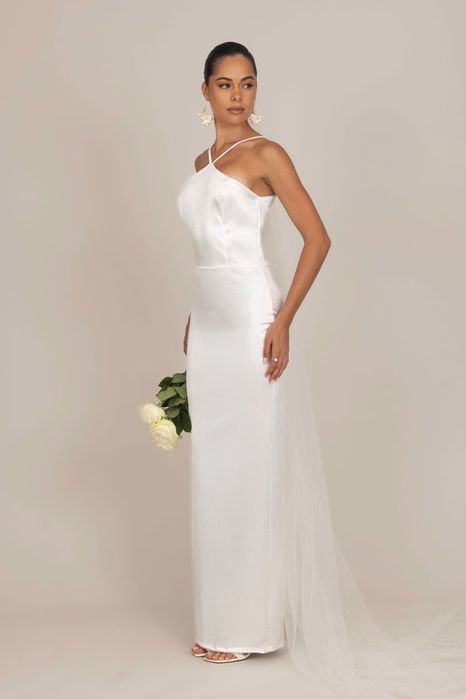 Wal G 36 S Biała Sukienka Bailey Halter Satynowa Occasion D2603