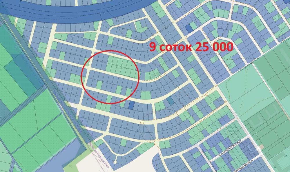 Ділянка 9 сот під будівництво Соф Борщагівка біля Софіївської Сфери