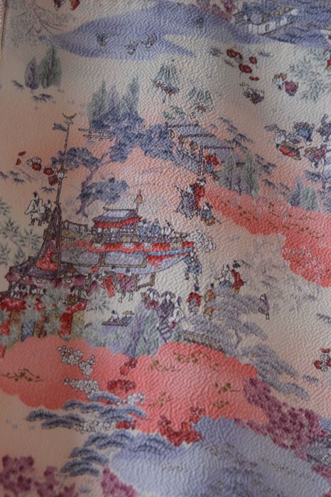 Japońskie kimono komon w pejzaż z epoki Edo pastelowe kolory awase