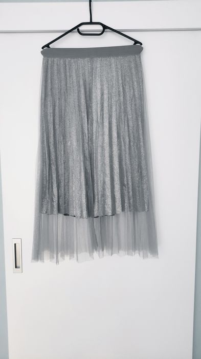 Spódnica dłuższa plisowana tiulowa srebrna szara r.S