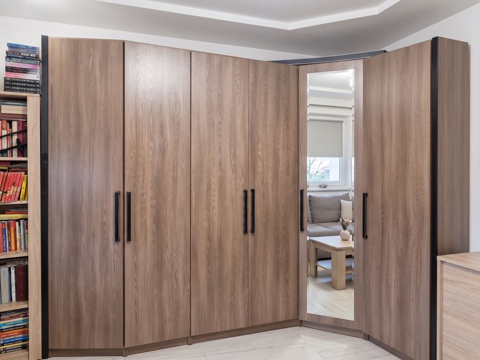 Nowoczesna duża szafa narożna 280x145 cm z pantografem + toaletka z lustrem | Zestaw sypialniany