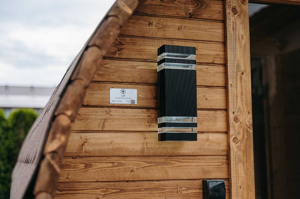 Sauna ogrodowa beczka 335cm z przedsionkiem piecem i oświetleniem LED