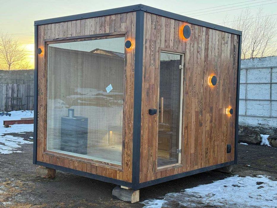 Модульна сауна з панорамним вікном. Сауна з пічкою на дровах.Сауна куб