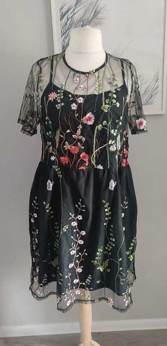 Sukienka siateczka hafty kwiaty łąka Shein 44/46