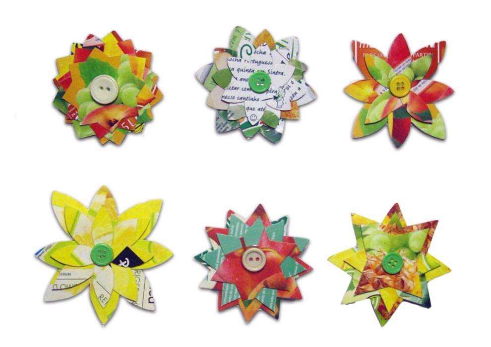 Pregadeiras feitas com pacotes de sumo e aplicação de botão