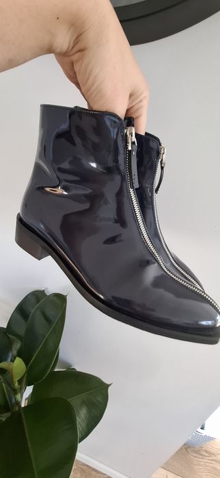 Granatowe lakierowane damskie botki 39 40 Kordel